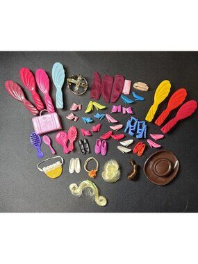 Vtg Barbie Accessories Lot Shoes Brushes Hat Wigs Crown Suitcase Phone 60s-80s